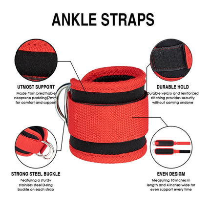 Billbianc Adjustable Polyester Ankle Straps for Cable Machine Kickbacks (2 Pack) Red