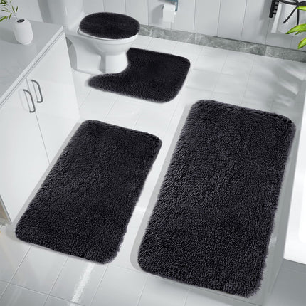 Under $5 Tyidzon Bathroom Rugs Solid Color Bath Mats 3 Set Bath Mats for bathroom Toilet Mats Universal Soft Comfortable Water Absorption Non-Slip Thick Machine Washable Easier to Dry Black 2
