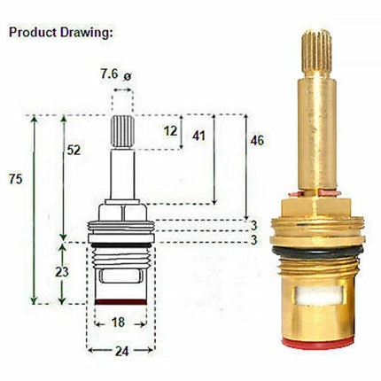 Shower Bath Taps Valve Cartridge Quarter Turn Flow Long Tall Stem Insert 20 1/2" Bathroom Fixture Faucet Replacement Parts Anti-Clockwise Smile Home Anti-Clockwise