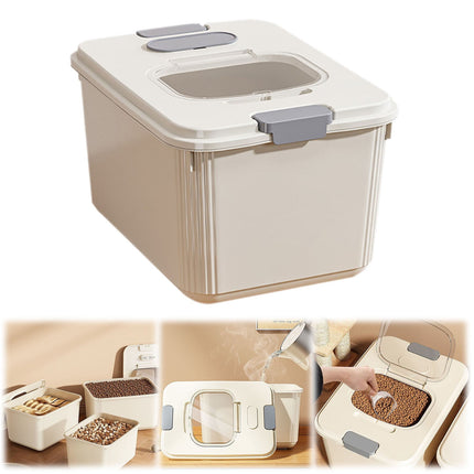 Airtight Pet Food Storage Container for Dog Cat Food Up to 10lbs Large Dry Food Bin with Measuring Cup Lids for Treats and Other Pets (10 LB), 6.31x9.44x7.08 9.96" x 13.18" x 7.95" Beige/Medium