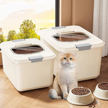 Airtight Pet Food Storage Container for Dog Cat Food Up to 10lbs Large Dry Food Bin with Measuring Cup Lids for Treats and Other Pets (10 LB), 6.31x9.44x7.08 7.99" x 10.55" x 6.49" Beige/Small