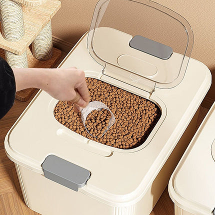 Airtight Pet Food Storage Container for Dog Cat Food Up to 10lbs Large Dry Food Bin with Measuring Cup Lids for Treats and Other Pets (10 LB), 6.31x9.44x7.08 7.99" x 10.55" x 6.49" Beige/Small