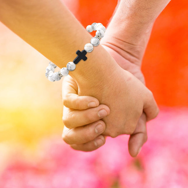 Natural Stone Black Cross Stretch Bracelet Elastic Thread Beaded Unisex – product detail