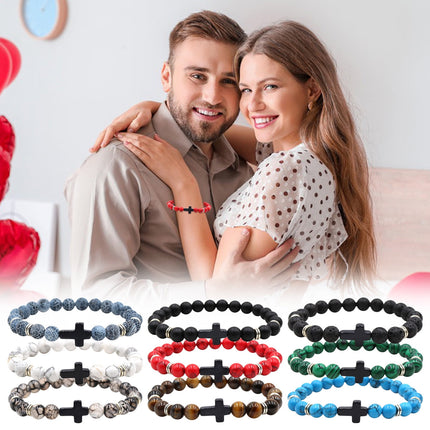 Natural Stone Black Cross Stretch Bracelet Elastic Thread Beaded Unisex Jewelry - One Size Fits Most Wrist, Spiritual Healing Crystal Bead Gift, Up to 60% OFF Black