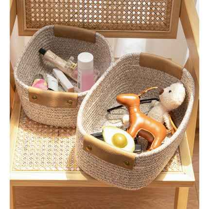 Cotton Woven Basket with PU Leather Handle, Clothes Toys Candy Gifts Cotton Rope Organizer, Living Room Basket Bathroom Shower Storage Laundry Basket, Dog Cat Bed, Fall Basket, 11.02x8.66x4.33 12.59" x 9.44" x 5.11" Coffee