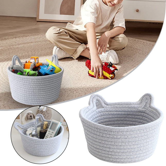 Small Cat Ears Toy Organizer Woven Cotton Rope Basket Decorative Nursery Bins & Boxes Gift in Grey