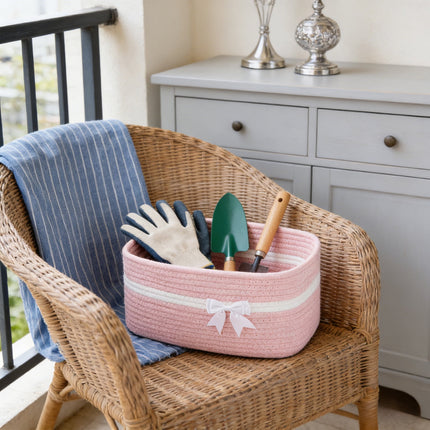 Large Woven Storage Basket, Holiday Gift Storage Basket with Handles for Living Room Shelves, Bow Basket for Empty with Gift Bags and Ribbons for Pet Toy Bin, Packaging Woven Storage Bin Pink