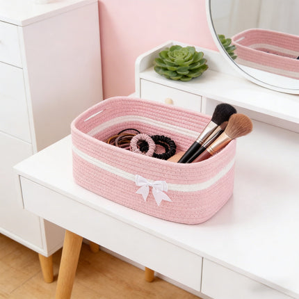 Large Woven Storage Basket, Holiday Gift Storage Basket with Handles for Living Room Shelves, Bow Basket for Empty with Gift Bags and Ribbons for Pet Toy Bin, Packaging Woven Storage Bin Pink