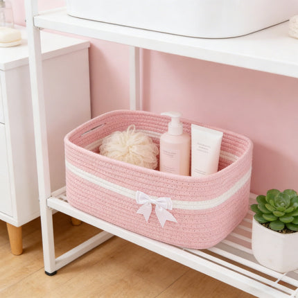 Large Woven Storage Basket, Holiday Gift Storage Basket with Handles for Living Room Shelves, Bow Basket for Empty with Gift Bags and Ribbons for Pet Toy Bin, Packaging Woven Storage Bin Pink