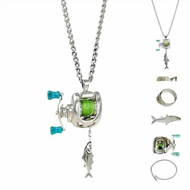Mini Fishing Reel Necklace with Rotating Handle Functional Spinning Reel Pendant for Anglers Movable