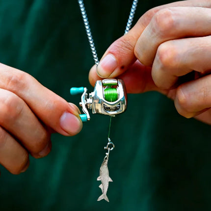 Mini Fishing Reel Necklace with Rotating Handle,Functional Spinning Reel Pendant for Anglers,Movable Line Guide and Keychain Loop,Collectible Gift for Fishing Lovers,Men,or Outdoor Enthusiasts.