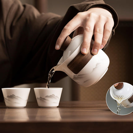 Travel Tea Set - Tea Set - Teapot - Teacups - Ceramic - Kung Fu - Camping - Outdoor - Travel - Including Travel Bag - 4 Pieces - Gift - White