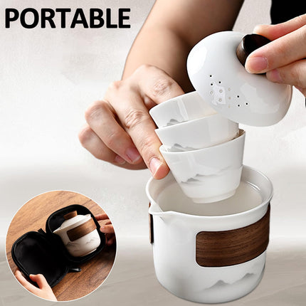 Travel Tea Set - Tea Set - Teapot - Teacups - Ceramic - Kung Fu - Camping - Outdoor - Travel - Including Travel Bag - 4 Pieces - Gift - White