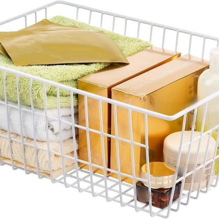 2Pcs Wire Storage Baskets,Metal Storage Basket for Organizing,White Wire Storage Freezer Baskets for Closet,Bedroom,Bathroom,Office