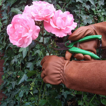 SUCCLACE Long-Gardening-Gloves for Women/Men - Thorn Proof Cowhide Leather Rose/Blackberry Pruning Heavy Duty Gloves Thick Palm Gauntlet Garden Work Gloves with Forearm Protection (Brown-Small) L Brown