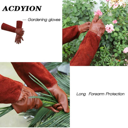 SUCCLACE Long-Gardening-Gloves for Women/Men - Thorn Proof Cowhide Leather Rose/Blackberry Pruning Heavy Duty Gloves Thick Palm Gauntlet Garden Work Gloves with Forearm Protection (Brown-Small) XL Brown