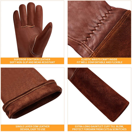 SUCCLACE Long-Gardening-Gloves for Women/Men - Thorn Proof Cowhide Leather Rose/Blackberry Pruning Heavy Duty Gloves Thick Palm Gauntlet Garden Work Gloves with Forearm Protection (Brown-Small) XL Brown