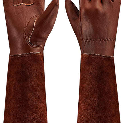 SUCCLACE Long-Gardening-Gloves for Women/Men - Thorn Proof Cowhide Leather Rose/Blackberry Pruning Heavy Duty Gloves Thick Palm Gauntlet Garden Work Gloves with Forearm Protection (Brown-Small) S Yellow