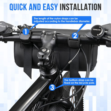 Bike Handlebar Bag Waterproof - Bicycle Handlebar Roll Bag with Large Reflective Area, Bike Front Pouch with Waterproof Zipper Shoulder Strap Removable Straps for Cycling (Cylinder, 2L)