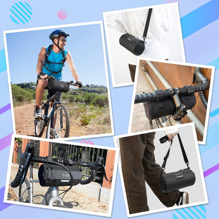 Bike Handlebar Bag Waterproof - Bicycle Handlebar Roll Bag with Large Reflective Area, Bike Front Pouch with Waterproof Zipper Shoulder Strap Removable Straps for Cycling (Cylinder, 2L)
