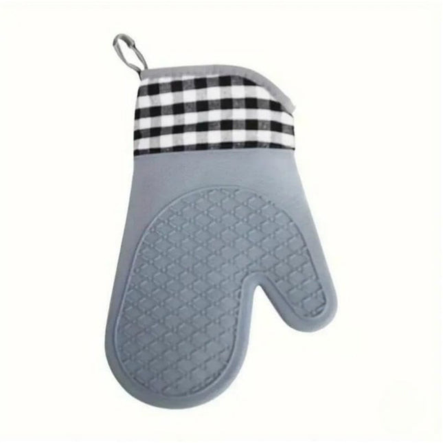 1 pair Soft Silicone Oven Mitts Heat Resistant and Waterproof Cooking Gloves Thick Cotton Lining