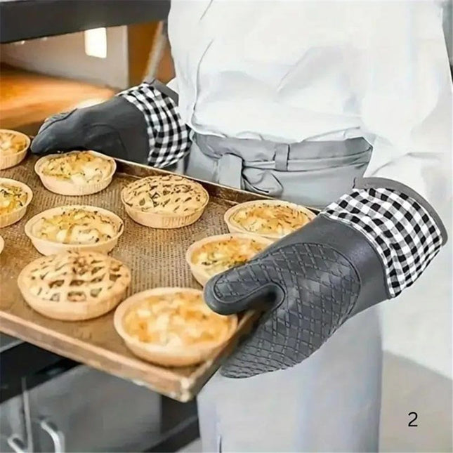 1 pair Soft Silicone Oven Mitts Heat Resistant and Waterproof Cooking Gloves Thick Cotton Lining – product detail