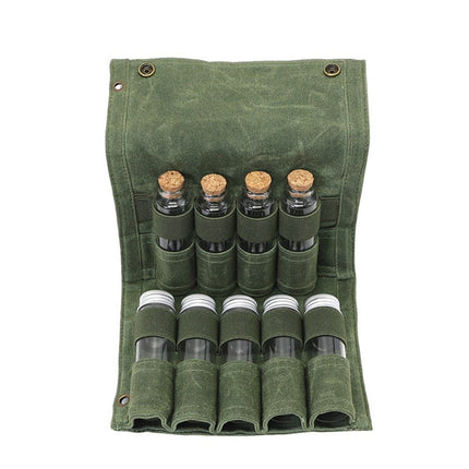 Camping Spice kit with 9 spice Jar Canvas Travel Seasoning container, portable spice bag for travel (MILITARY GREEN)
