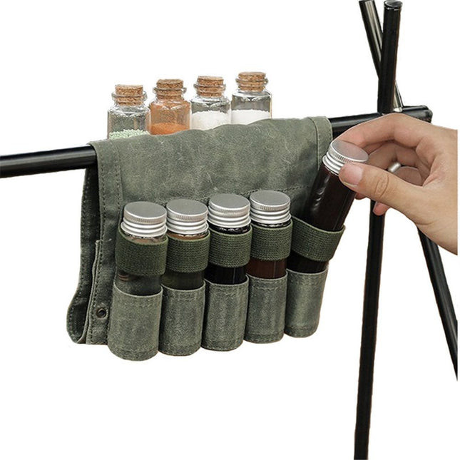 Camping Spice kit with 9 spice Jar Canvas Travel Seasoning container portable spice bag for travel – product detail