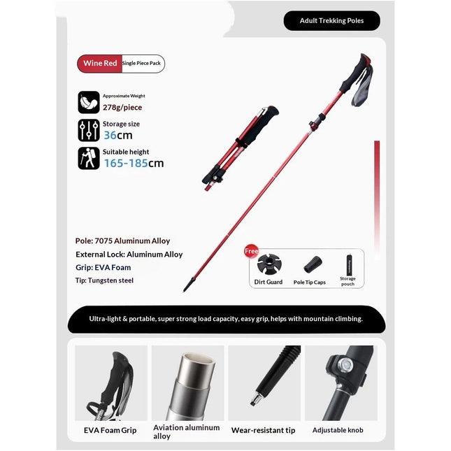 Aluminum Collapsible Ultralight Travel Trekking Hiking Pole for Men and Women (Fits 165-185cm)