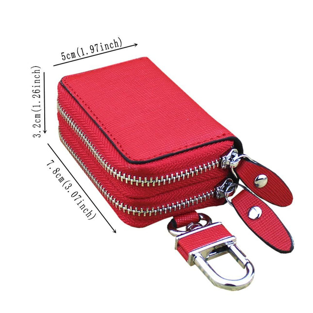 Key Fob Case Genuine Leather Double Zipper Car Key Holder & Key Wallet with Keychain Key Pouch for Purse
