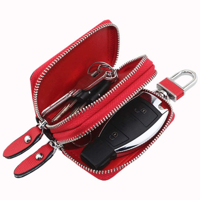 Key Fob Case Genuine Leather Double Zipper Car Key Holder & Key Wallet with Keychain Key Pouch for Purse – product detail