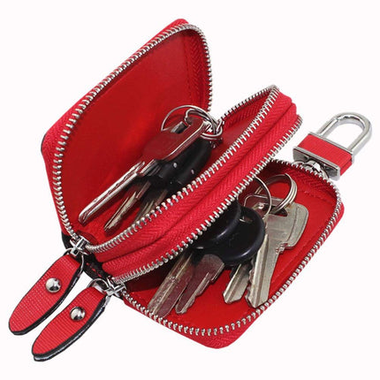 Key Fob Case Genuine Leather, Double Zipper Car Key Holder & Key Wallet with Keychain, Key Pouch for Purse Gift