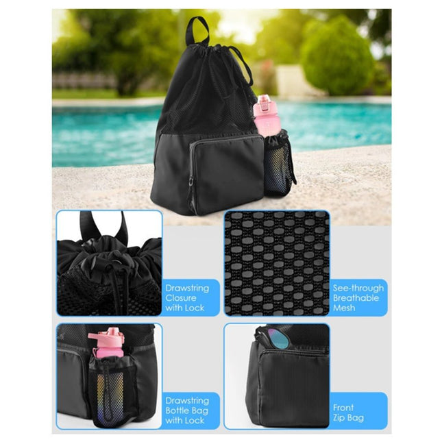 Swim Bag Beach Backpack with Wet Pocket Mesh Drawstring Bags for Swimming Gym black Mesh – product detail