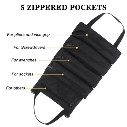 Tool Roll Up Pouch - Canvas Multi-Purpose Wrench Roll Up Bag, Organizer with 5 Zipper Tool Pockets, Hanging Carrier (black)