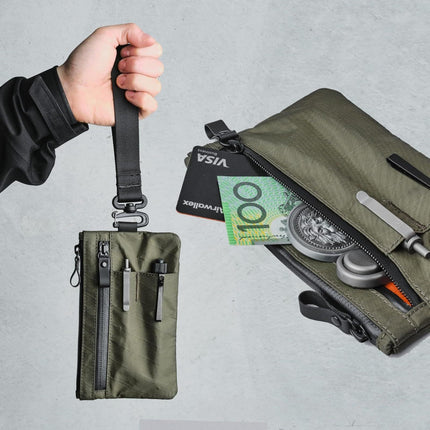 Multi-tool Slots EDC Organizer Pouch Nylon Passport Holder & EDC Wallet - Zip Clutch with Wrist Strap，3 External Slots for Travel, Cash, Cards, Phone, Keys (Olive Green)