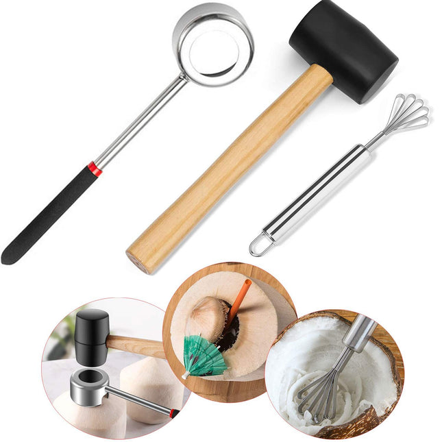 Coconut Opener Set for Young & Mature Coconuts by Coconut Tools for Meat Removal with Hammer & Stainless