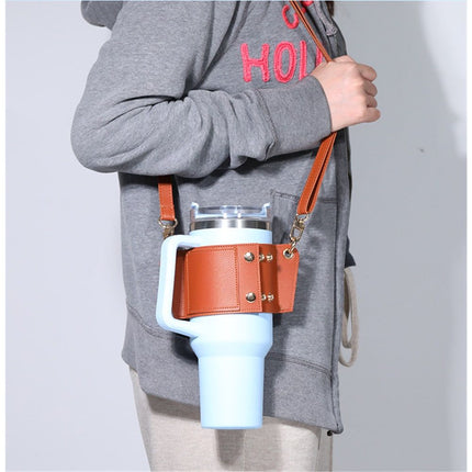 2 pack Water Bottle Holder with Strap 40oz, Simple Modern 40oz Tumbler, Vegan Leather Waterbottle Bag Holder, Shoulder Strap with Keyring, brown（Only cup sleeves）