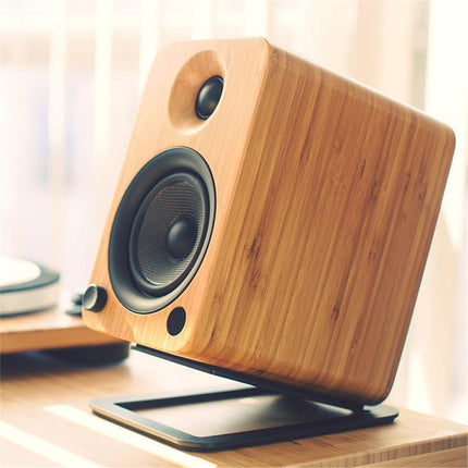 Tilted Desktop Speaker Stands for Medium Bookshelf Speakers & Mid-Studio Monitors |  Damping Foam Padding | Pair | Black