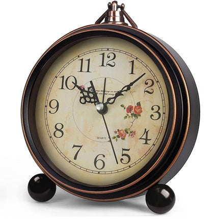 Vintage Analog Alarm Clock, 5 inch Small Silent Desk Clock with Night Light, Battery Operated for Table, Bedroom, Bedside, Living Room, Gift Clock (Flower)