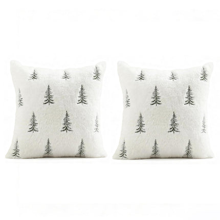 Christmas Pillow Covers 18x18 inch Set of 2 Green Embroidered Christmas Tree Decoration Beige Soft Plush Faux Fur Jacquard Throw Pillows for Bedroom Sofa Holiday Winter Home Decor
