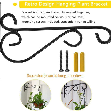 2 Pack 12 Inch Plant Hangers Outdoor Bracket, Indoor Wall Mount Metal Heavy Duty Rust-Resistant Bird Feeder Plant Hooks for Hanging Planters, Flower Baskets, Black