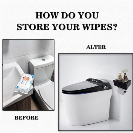 Toilet Paper Holder with Built-in Storage Drawer | Glossy Plastic Bathroom Organizer | Dual-Mount Rust-Resistant, Adjustable Shelf & Left/Right Wall Mount (Black ,oniy box)