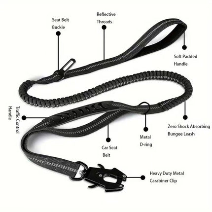 Dog Leash Heavy Duty, Shock Absorbing Bungee Lead with 2 Padded Handle, Metal Carabiner Clip, Car Seatbelt, Strong No Pull Leash for Medium Large Dogs, Black