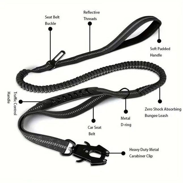 Dog Leash Heavy Duty Shock Absorbing Bungee Lead with 2 Padded Handle Metal Carabiner Clip – product detail