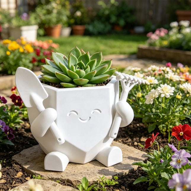 3D Printed Smiling Gardener (White) V1195-VYY0082 in White, Green