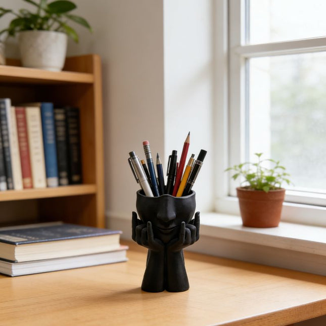3D-printed rock face vase or office organizer black. V1195-VYY0083