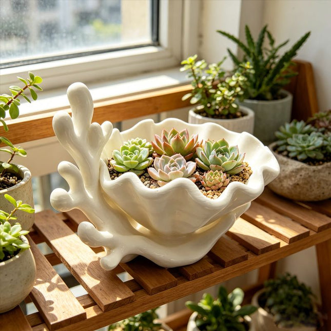 3D-printed coastal coral and clam shell succulent planter pot white V1195-VYY0088