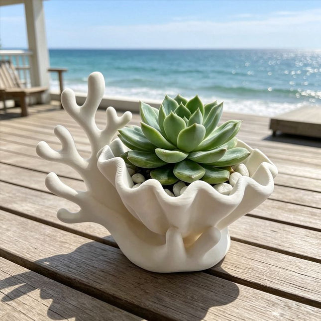 3D-printed coastal coral and clam shell succulent planter pot white – product detail