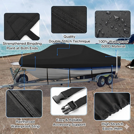 Trailerable Boat Cover – 600DHeavy Duty Waterproof Tarp with Storage Bag, Designed for V-Hull, Fish & Ski, Runabout, Bass & Fishing Boats,23-25FTBlack