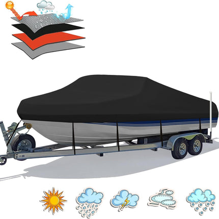 Trailerable Boat Cover – 600DHeavy Duty Waterproof Tarp with Storage Bag, Designed for V-Hull, Fish & Ski, Runabout, Bass & Fishing Boats,20-22FTBlack